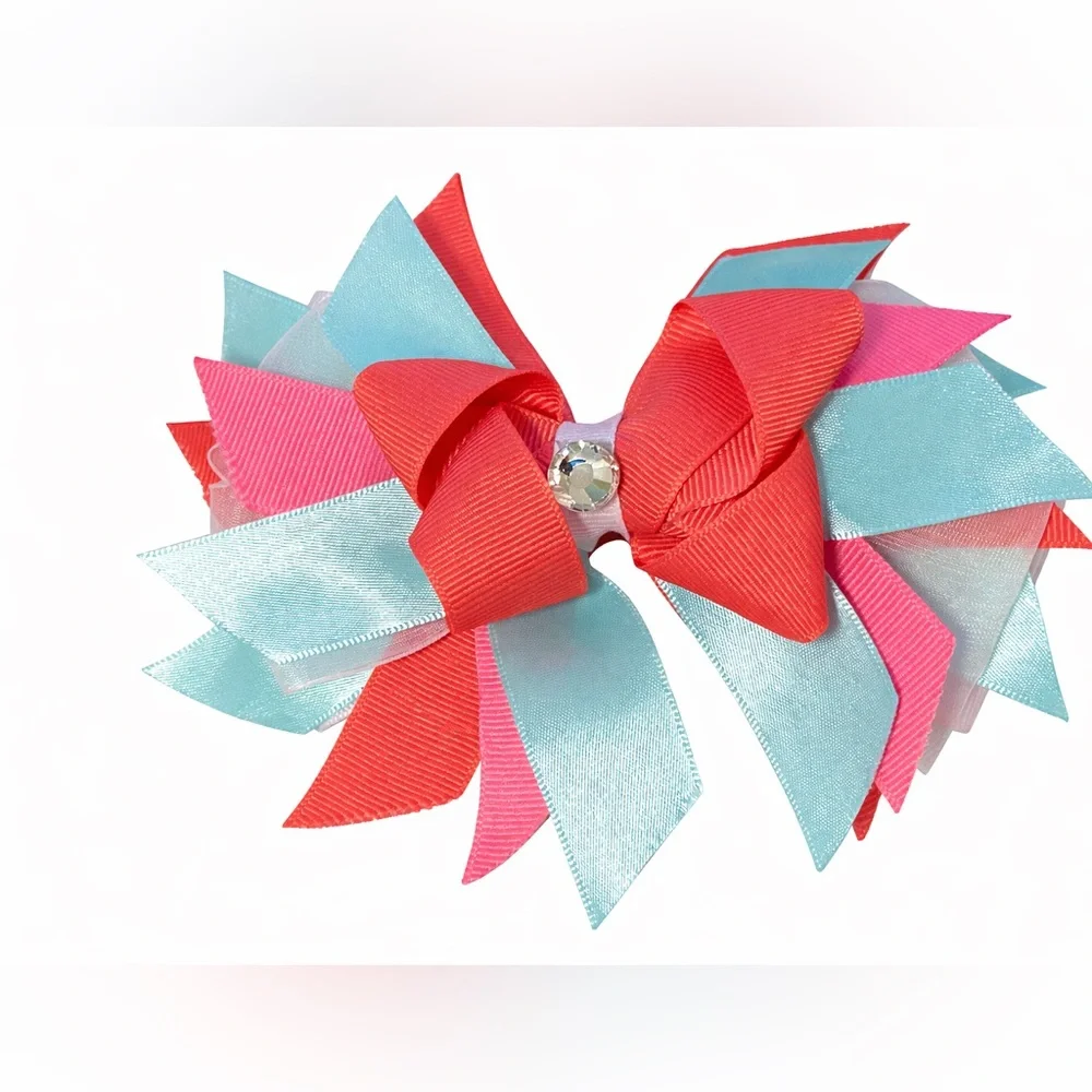 Handcrafted Mint & Coral Girls Hair Bow w/Crystal Center Alligator Clip NEW‎